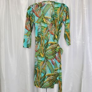 Tropical print long sleeve wrap dress